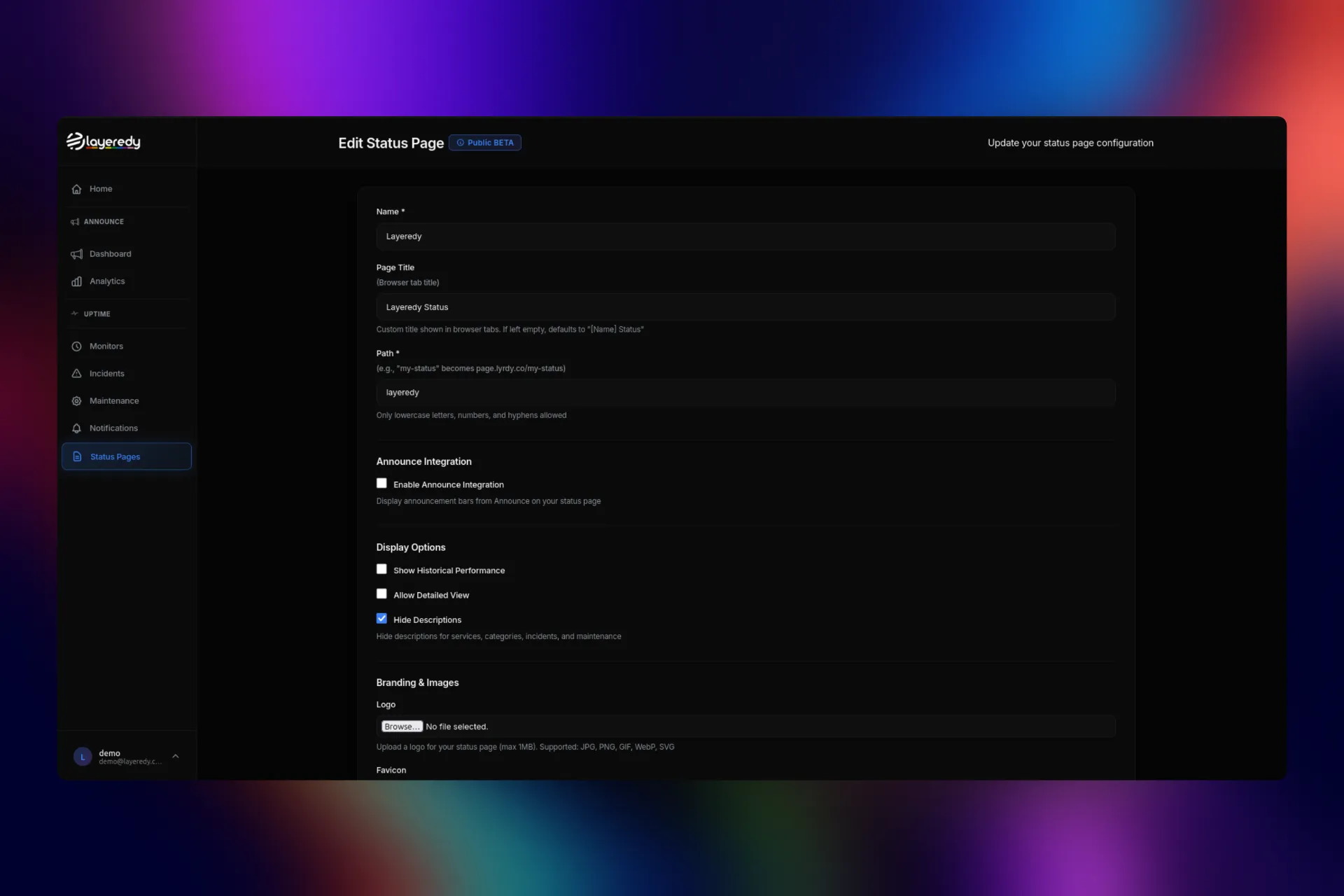 Status page customization